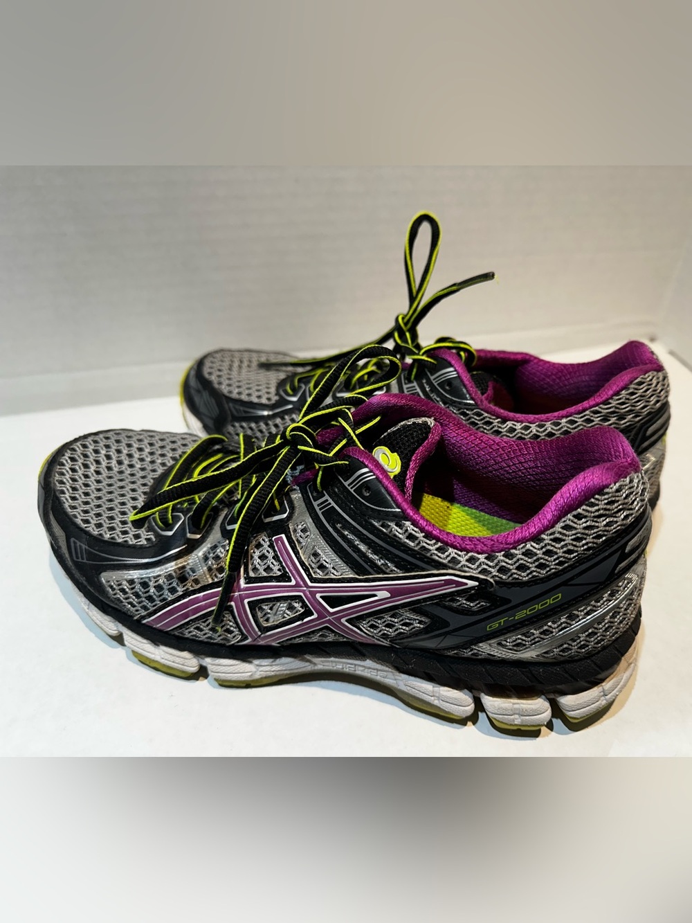 Asics Women's Gray Running Shoes with Purple and Neon Yellow Accents